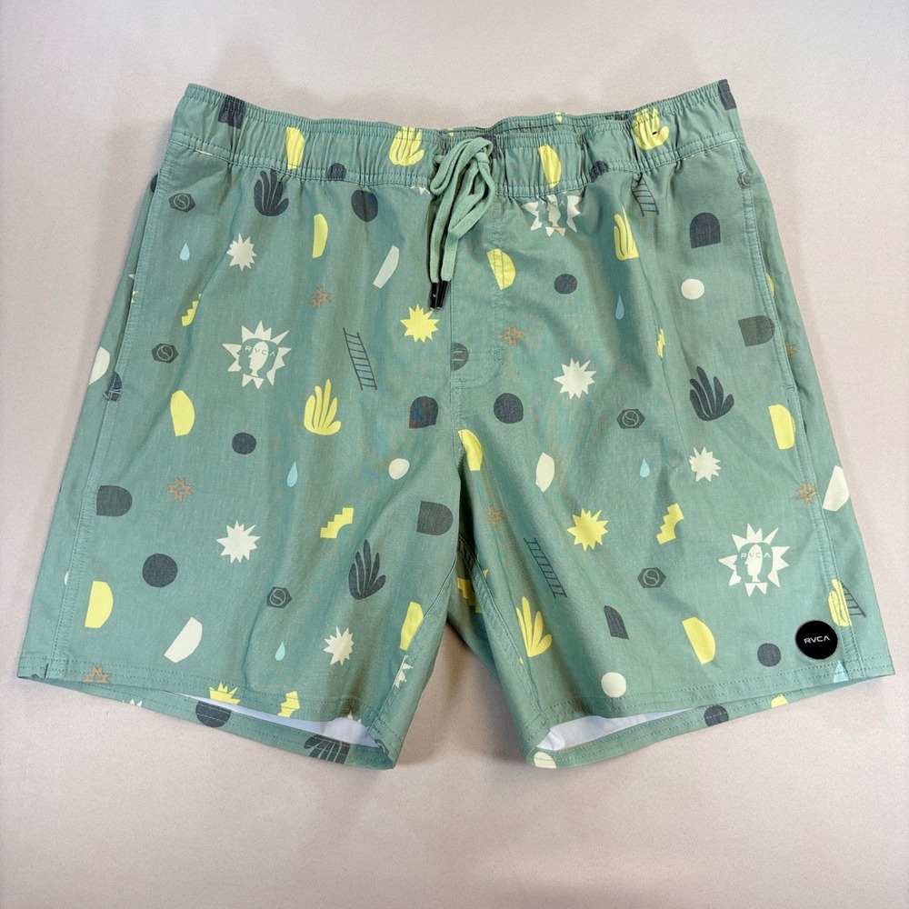 RVCA Board Shorts BOYS Large Green Abstract Print Hemp Blend Swim Trunks Surf